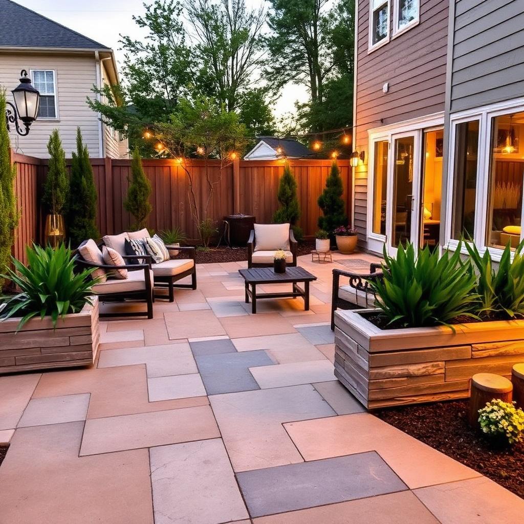 A modern backyard stone patio with planters