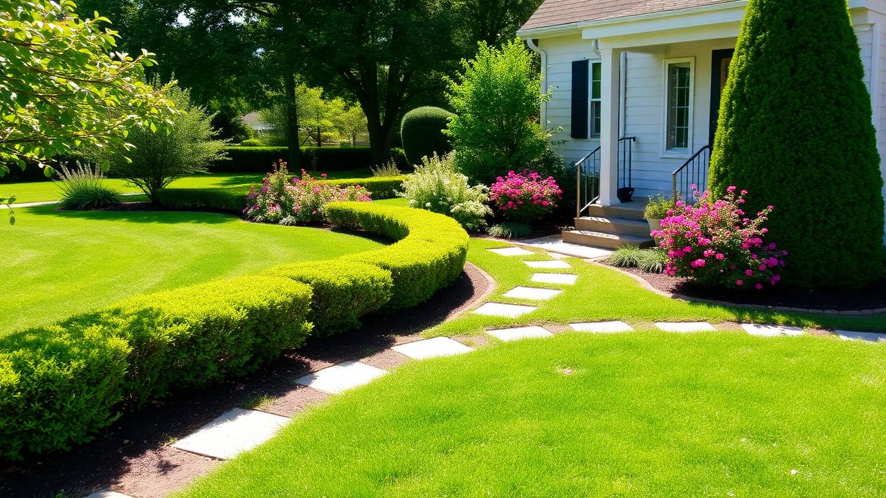 A beautifully landscaped front yard with green lawn and flower beds